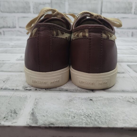 MK Michael Kors Logo Sneakers Brown Tan Canvas Leather Cap Toe Size 6.5 - Picture 3 of 10